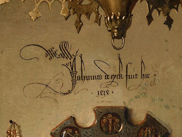 Van Eyck, Epoux Arnolfini détail signature